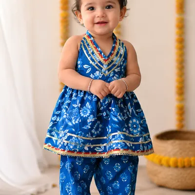 Blue Peplum Top with Dhoti Pants | Cotton Ethnic Set