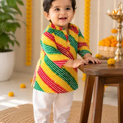 Multicolor Leheriya Print Pure Cotton Kurta Pyjama Set