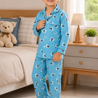 Blue Bird Print Night Suit — 0-12m