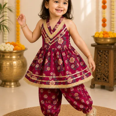 Plum Floral Halter Kurti Dhoti Set — 0-12m