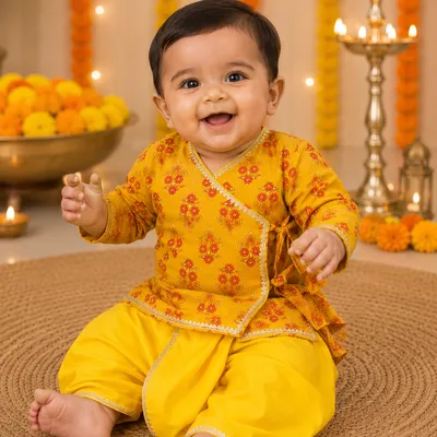 Yellow Pure Cotton Angrakha Kurta with Yellow Dhoti Set — 0-12m