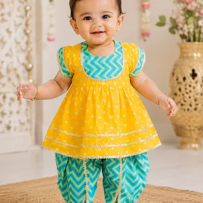 Yellow & Blue Kurti Dhoti Set