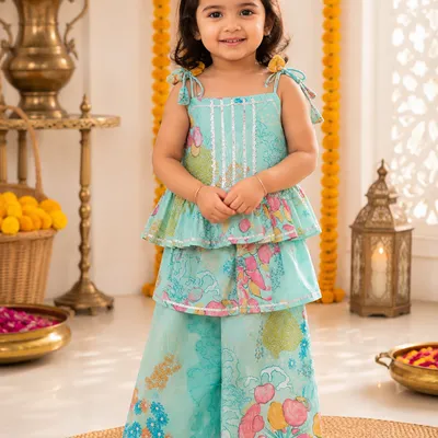 Aqua Floral Peplum Top & Palazzo Set