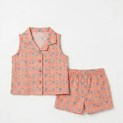 Peach Floral Cotton Co-ord Set — 0-12m