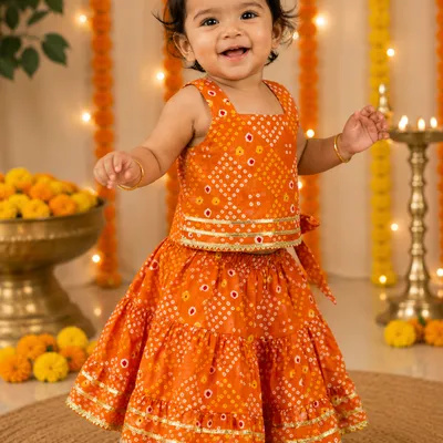 Orange Bandhani Print Cotton Lehenga Choli Set — 0-12m