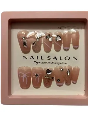 Peach Pink Designer Tip Press-On Nails Set for Women | Artificial Zircon Nail Art | Glossy Artificial Fake Nail Extensions | Reusable Stick-On Nails with Free Nail Kit(12pcs)
