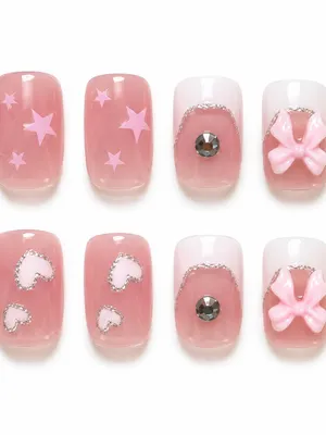 Kozykit Trends12 Pcs Metallic Gradient Ballerina Press-On Nails | Pink Rabbit Style Fake Nails with Shiny Rhinestones | Reusable Nail Art Tips for Women, Girls, Wedding Gifts (1-Set) (Design 02)