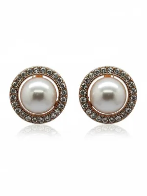 Classic Pearl Stud Earrings for Women – Gold Plated Round Pearl Earrings with Crystal Halo | Elegant Korean Style Jewelry for Party, Wedding