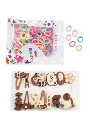 Combo of Cute Cartoon Hair Clips & Multicolored Elastic Hair Ties for Girls | Korean Style Tic Tac Pins & Rubber Bands Set | Daily Wear Kids Hair Accessories Pack