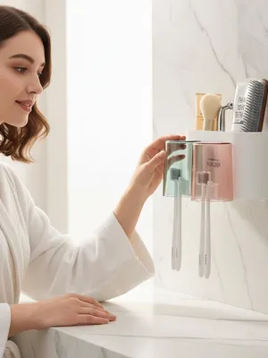 Self Adhesive Toothbrush & Toothpaste Holder with Storage Shelf, Wall Mounted Bathroom Organizer, Dual Cup Bathroom Stand, Multipurpose Bathroom Accessories for Family, Home & Hotel