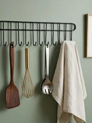Wall Mounted Kitchen Utensil Hanger with Adhesive Hooks | Heavy Duty Metal Spoon & Ladle Holder Rack | No Drilling Kitchen Organizer