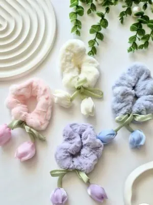 Elegant Floral Hair Scrunchies Set, Korean Style Tulip Flower with Bow Ribbons Scrunchie for Women Girls Headband Bowties Hairband Hair Ties Elastic Rubber band for girls (Multicolor, Pack of 6)