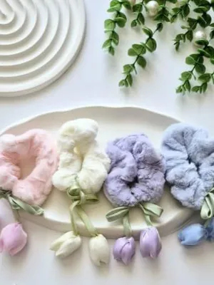 Hair Scrunchies with Tulip Flower Charms Hair Accessories, Organza Hair Rubber Bands with Hanging Korean Trendy Ponytail Hair Accessories for girls women (Multicolor, Pack of 6)