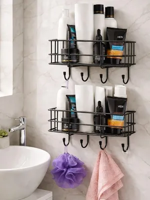 Self Adhesive Bathroom Shelf for Wall, Shelf Organizer, Kitchen Shelf with Magic Stickers Multipurpose with Hooks Towel Holder, Rack, Bathroom Accessories Wall Mount Black, Pack of 2