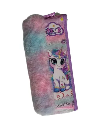 Cute Unicorn Printed Kids Pencil Case with Soft Fur Cover | Multi-Color Fluffy Zipper Pouch for School Supplies | Stylish Cartoon Unicorn Stationery Organizer for Girls