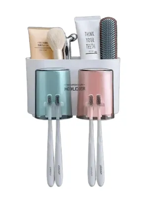 Wall Mounted Toothbrush Holder for Family | No Drill Adhesive Bathroom Organizer | Waterproof Toothbrush Holder for Bathroom Wall | Multi-Compartment Bathroom Storage Rack (Set-2)