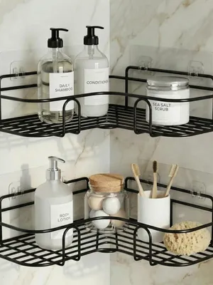 Set of 2 Metal Bathroom Corner Shelf Rack | No Drilling Self Adhesive Wall Mounted Storage Organizer for Bathroom & Kitchen | Rustproof Bathroom Shelves (8 & 9 INCH, Black)