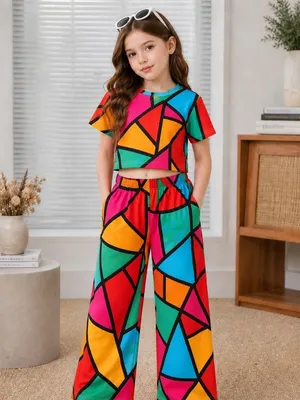 Girls Trendy Crop Top & Wide Leg Palazzos Multicolour