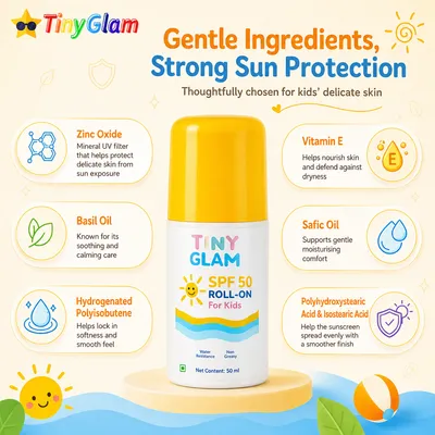 TinyGlam Kids Roll-On Sunscreen SPF 50 50 ml - Gentle Sun Care Sunscreen for Kids & Teens (4+ Years)