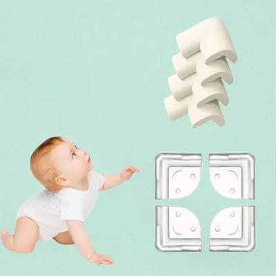 Safe-O-Kid Baby Safety 4 -Pack NBR Foam Corner Guards + 4 Transparent Smiley Corner Protectors Soft, Durable Furniture Edge Guards (Cream & Transparent)