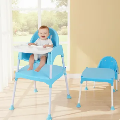 Safe-O-Kid Baby Feeding High Chair (1 Year Warranty) with Table and Removable Tray + Soft Cushion, 3-Point Safety Harness with Spoon and Fork Set, Suitable for 6 Months to 5 Years Kid - Blue