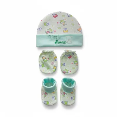 SAFE-O-KID Soft Baby Cotton Colourful Mitten Gloves, Cap & Booty Set for Boys & Girls (0 3 Months)- Green