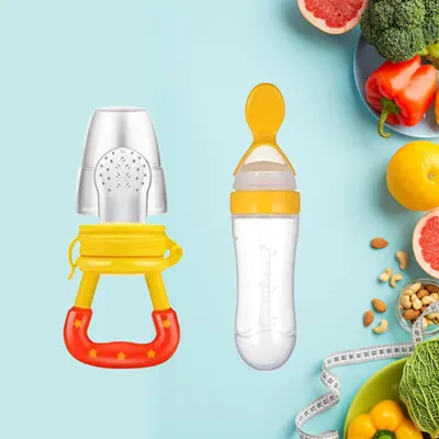 Safe-O-Kid Baby Fruit Nibbler & Finger Brush/Squeezy Food Feeder Spoon 100% Pure Silicone, BPA-Free, Odor-Free, Safe Teether & Feeder Durable, Easy Self-Feeding Tool for Infants & Toddlers (Assorted)