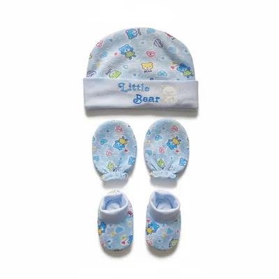 SAFE-O-KID Soft Baby Cotton Colourful Mitten Gloves, Cap & Booty Set for Boys & Girls (0 3 Months) Blue