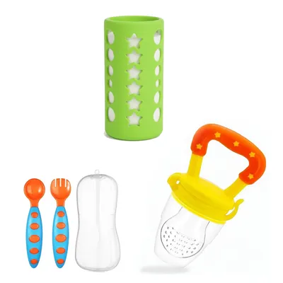 Safe-o-kid Baby Feeding Travel Combo with 1 Fork & Spoon Set, 1 Cover & 1 Nibbler
