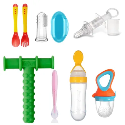 Safe-O-Kid Baby Oral Care Kit Advanced | 7 Pieces, Silicone I 1 Finger Brush, 1 Chewy Tube, 1 Medicine Feeder, 1 Fruit Nibbler, 1 Squeezy Spoon, 1 Silicone Spoon, 1 Heat Sensitive Spoon & Fork Set -