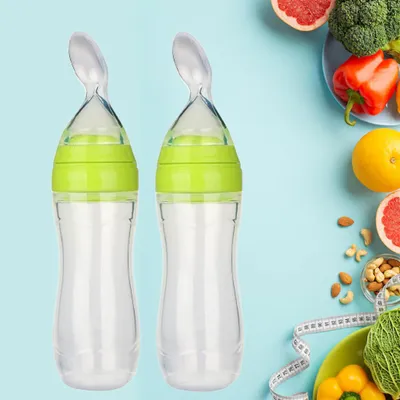 Safe-O-Kid (Pack of 2) BPA-Free Silicone Squeezy Food Feeder Spoon Non-Toxic, Soft, Easy-to-Use, Perfect for Introducing Solid Foods to Your Baby, Safe and Durable, Green, 90ml