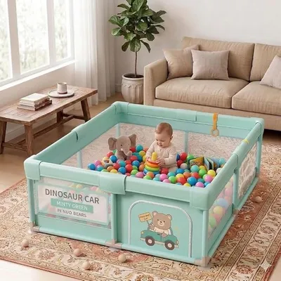 Safe-O-Kid 120x120 cm Large Baby Playpen with 50 Balls, 1 Year Warranty, Safety Lock, Playard for Kids up to 5 Years, 2 Anti-Fall Grasp Rings