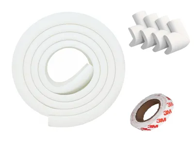 Safe-O-Kid Baby Safety 2 Meter (6.5 feet) Edge Guard with Strong 3 M Adhesive + 4 Sharp Corner Guards, BPA Free, Non-Toxic, Impact Cushion for Tables, Desks, and Furniture (White)