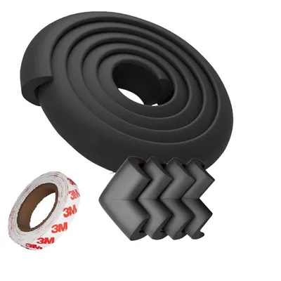 Safe-O-Kid Baby Safety 2 Meter (6.5 feet) Edge Guard with Strong 3 M Adhesive + 4 Sharp Corner Guards, BPA Free, Non-Toxic, Impact Cushion for Tables, Desks, and Furniture (Black)