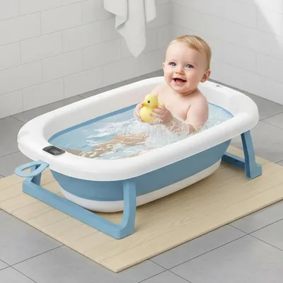 SAFE-O-KID Baby Bath Tub with Digital Meter for 0-5 Years Child, 1 Year Warranty, Drain Plug, Portable/Foldable Travel Friendly Anti-Skid Collapsible Bathtub, Blue