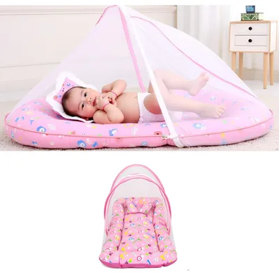 SAFE-O-KID Cotton Baby Mattress with Pillow & Half Openable Mosquito Net | Foldable Bedding Set for Newborns & Toddlers | Lightweight & Travel-Friendly