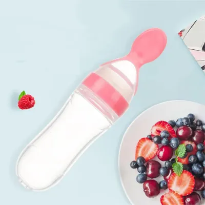 Safe-O-Kid BPA-Free Silicone Squeezy Food Feeder Spoon | Soft Feeding Bottle with Spoon | One-Hand Easy Squeeze, Anti-Leak with Dust Cover | Non-Toxic, Easy to Clean & Sterilize | Pink 90ml