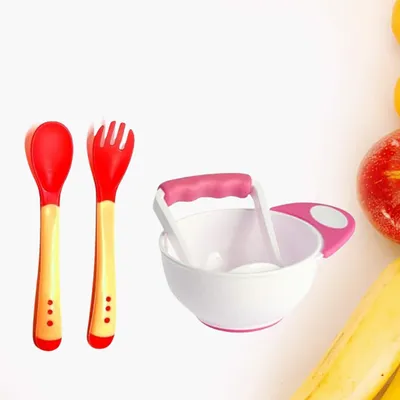 Safe-O-Kid BPA Free Baby Feeding Set Masher Bowl with Heat Sensitive Spoon for Mess-Free & Safe Mealtime (Assorted)