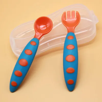Safe-O-Kid (Set of 4) BPA-Free Spoon & Fork Training Set with Box Non-Toxic, Safe, Ergonomically Designed for Little Hands, Includes Travel-Ready Storage Box - Blue & Orange