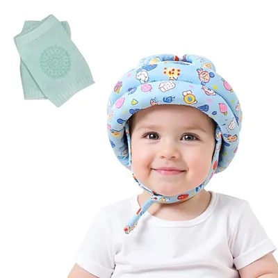 Safe-O-Kid Combo - Baby No Bumps Safety Cotton Helmet Head Protection with Zero Sweat Cushion Bumper with Crawling Baby Anti - Slip Elbow and Knee Pads/Guards - Blue