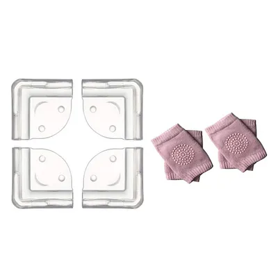 Safe-O-Kid 2 Pair Knee Pads + 4 Smiley Corner Guards Soft, Durable Child Safety Knee and Edge Protectors (Pink & Transparent)