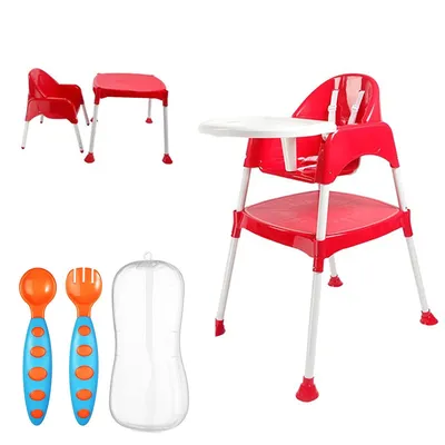 Safe-O-Kid Baby Feeding High Chair (1 Year Warranty) with Table and Removable Tray + Soft Cushion, 3-Point Safety Harness with Spoon and Fork Set, Suitable for 6 Months to 5 Years Kid - Red