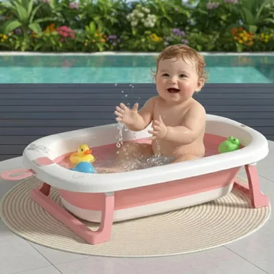 Safe-O-Kid Foldable Baby Bath Tub for 0 to 5 Years   Portable, Space-Saving Bathtub for Newborns & Toddlers | BPA-Free, Non-Slip, with Drain Plug- Pink