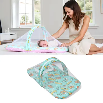 SAFE-O-KID Cotton Baby Mattress with Pillow & Half Openable Mosquito Net | Foldable Bedding Set for Newborns & Toddlers | Lightweight & Travel-Friendly