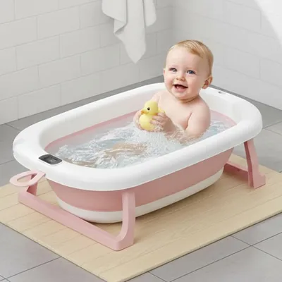 Safe-O-Kid Baby Bath Tub with Digital Meter, 1 Year Warranty, Drain Plug, Portable/Foldable Travel Friendly Anti-Skid Collapsible Bathtub, Pink