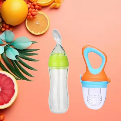 Safe-O-Kid BPA-Free Designer Fruit Nibbler & Squeezy Spoon   Soft Silicone Baby Feeder for Safe & Easy Weaning (Assorted)
