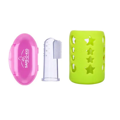 Safe-O-Kid BPA-Free Oral & Feeding Hygiene Set   1 Baby Tongue Cleaner & 1 Silicone Feeding Bottle Cover (Assorted Colours)