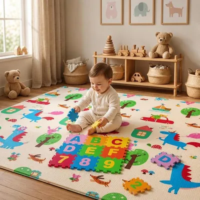 Safe-O-Kid® Extra Large Baby Play Mat, Foldable Foam, Waterproof, Reversible, BPA-Free, 195x137x1.7 CM, with Alphabet & Number EVA Puzzle Mat