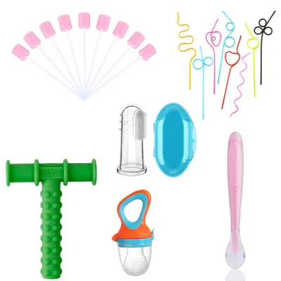 Safe-O-Kid  Baby Oral Sensory Kit | 6 Pieces, 1 Finger Brush, 1 Chewy Tube, 1 Mouth Swab, 1 Fruit Nibbler, 1 Silicone Spoon, 1 Twist Straws - Assorted