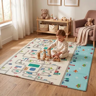 Safe-O-Kid® Extra Large Baby Play Mat | Waterproof Foldable Foam Crawling Mat | Double-Sided BPA Free Non-Slip Floor Mat | Reversible Alphabet & Jungle Learning Play Mat (195x137x1.7 CM)